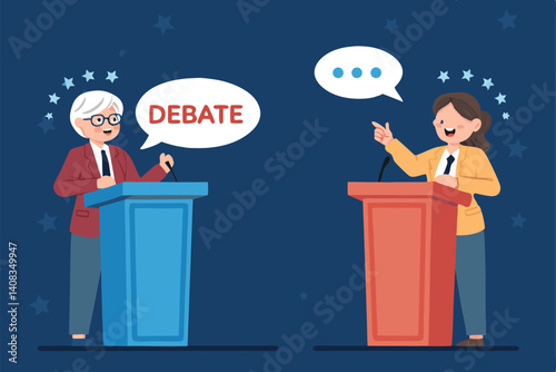 Two political candidates engaged in a heated debate, standing at individual podiums, facing each other.  Illustrate intense expressions and contrasting body language.