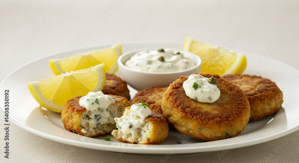 Gourmet Crab Cakes Served with Creamy Tartar Sauce and Lemon Wedges Gourmet Crab Cakes Served with Creamy Tartar Sauce and Lemon Wedges