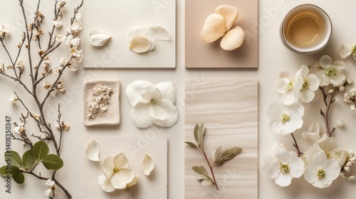 Wallpaper Mural Botanical spring flat lay with flowers and natural elements, top view, no people, soft pastel vibe. Torontodigital.ca