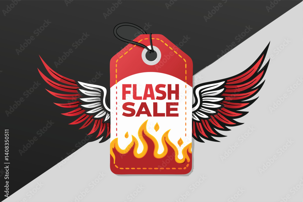 Design a vector illustration of a fiery price tag with angel wings, showcasing a flash sale.  Include vibrant colors and dynamic design elements.