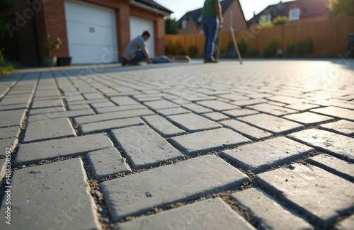 Workers install gray concrete paving slabs in house courtyard. Bricklayers lay new tiles for driveway patio on leveled sand base. Construction industry concept urban development, home improvement.