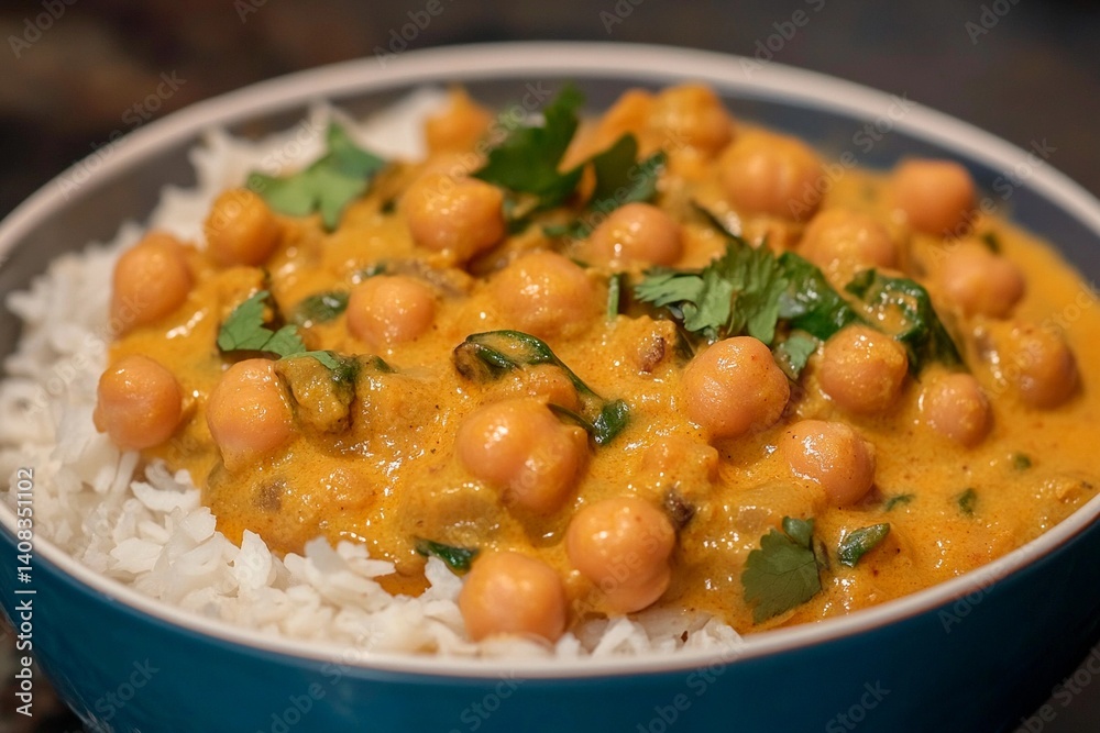 A warm bowl features chickpea curry with a creamy sauce, garnished with fresh herbs, atop a generous serving of fluffy white rice in an inviting kitchen setting A warm bowl features chickpea curry with a creamy sauce, garnished with fresh herbs, atop a generous serving of fluffy white rice in an inviting kitchen setting