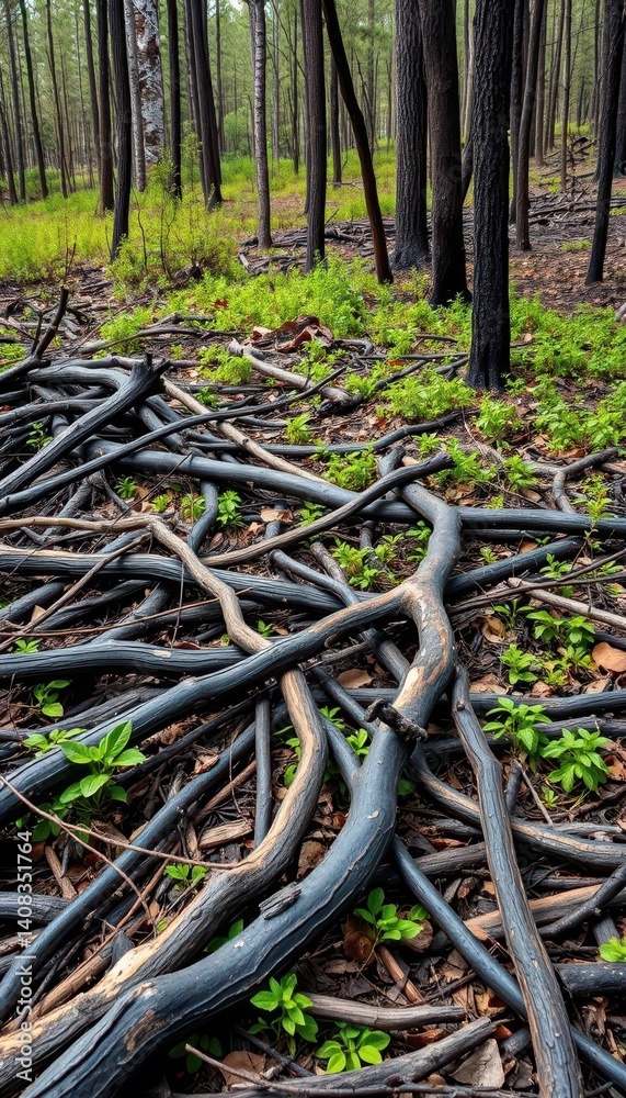 Obraz premium Charred branches litter the forest floor after a wildfire, creating a stark contrast against the green undergrowth, brown, summer, outdoor