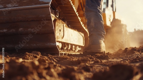 Construction worker operating a bulldozer to level the ground. Featuring power and control