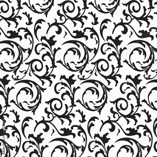 black and white seamless pattern, Floral scroll pattern or a foliate scroll pattern, Floral Elements,