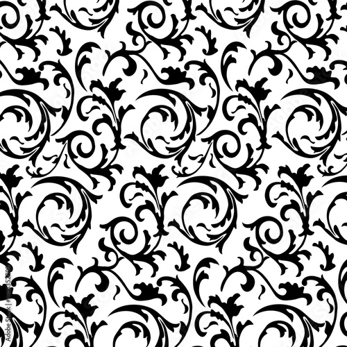 black and white seamless pattern, Floral scroll pattern or a foliate scroll pattern, Floral Elements,