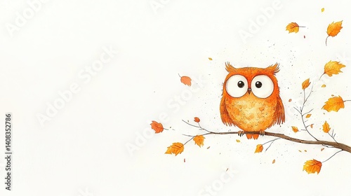 An owl perched on a fall leaf-dotted limb against a crisp white sky