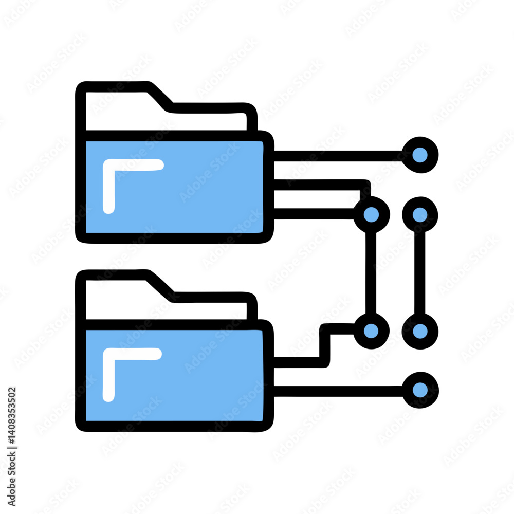 Connected Folders with Circuit Icon Representing Digital File Sharing and Data Network System Connected Folders with Circuit Icon Representing Digital File Sharing and Data Network System