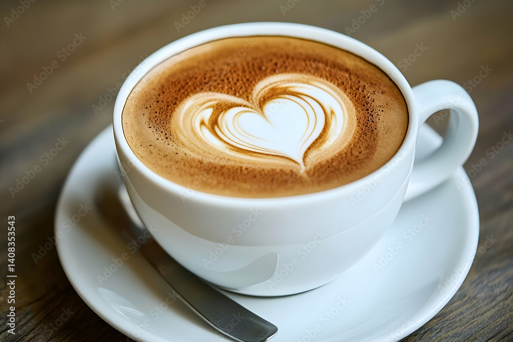 Latte art heart design on a steaming hot coffee beverage. Latte art heart design on a steaming hot coffee beverage.