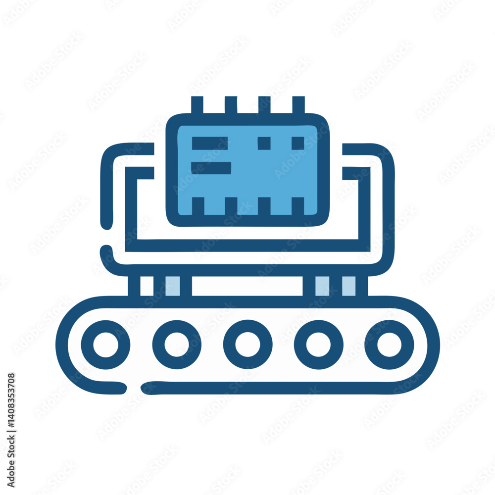 Conveyor Belt with Chip Icon Representing Automated Manufacturing and Smart Production Conveyor Belt with Chip Icon Representing Automated Manufacturing and Smart Production