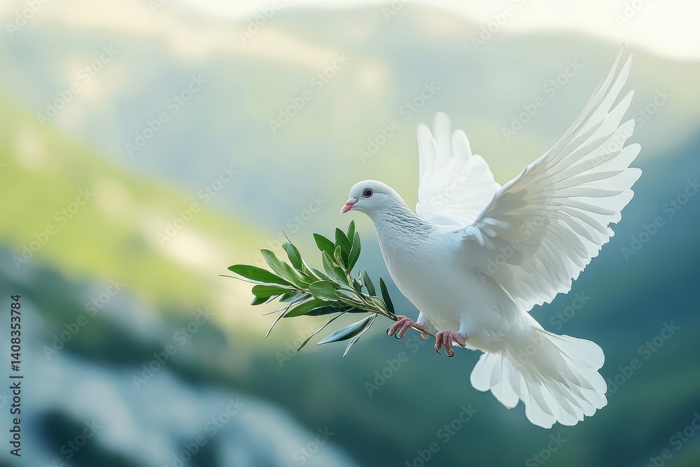 A a white dove carrying an olive branch in its beak A a white dove carrying an olive branch in its beak