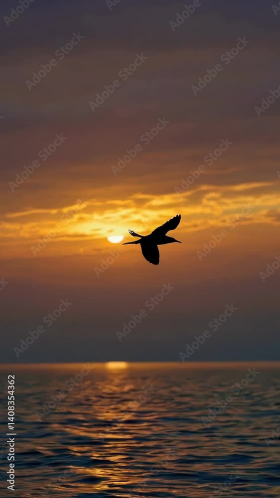 Serene bird flight across ocean sunset horizon captures tranquil beauty