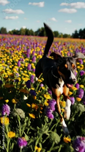 Energetic dog leaping through vibrant wildflower field on a sunny day