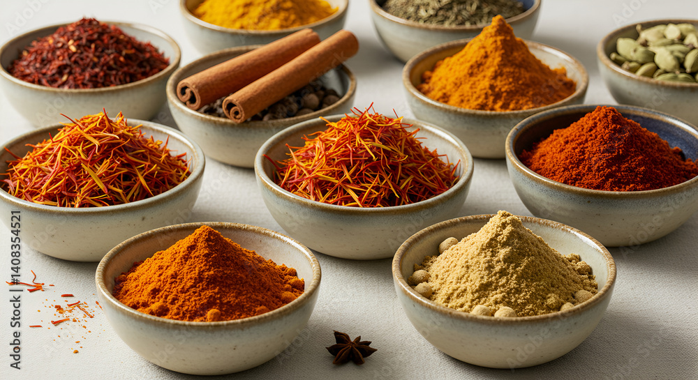 Collection Of Vibrant Spices In Ceramic Bowls For Creative Culinary Use Collection Of Vibrant Spices In Ceramic Bowls For Creative Culinary Use