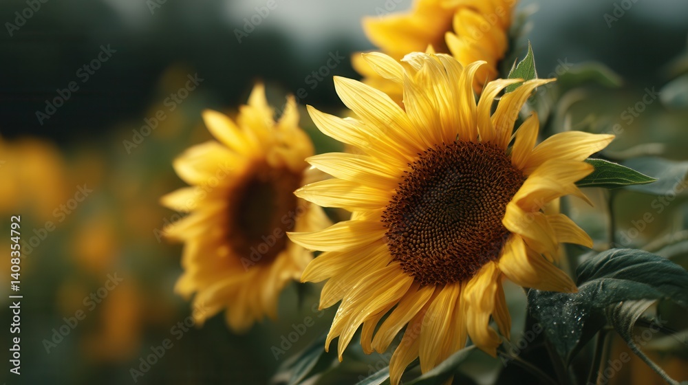 Obraz premium Close-up of a sunflower covered in morning dew, set against a blurred green field. Ideal for eco-friendly visuals, seasonal promotions, floral prints, and nature-inspired content.