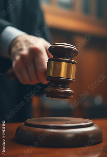 Low-angle close-up of a judge's hand ready to hitting a wooden gavel on a sound block. Authoritative moment with the judge hand in sharp focus while the courtroom background remains softly blurred.