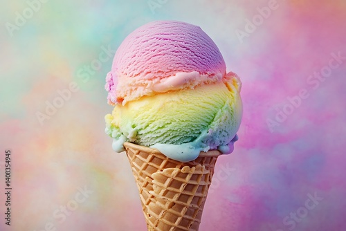 A colorful scoop of rainbow sherbet ice cream in a waffle cone, set against a soft pastel background