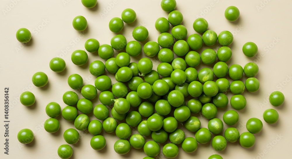 Bright Green Peas Scattered on a Neutral Background Flat Lay