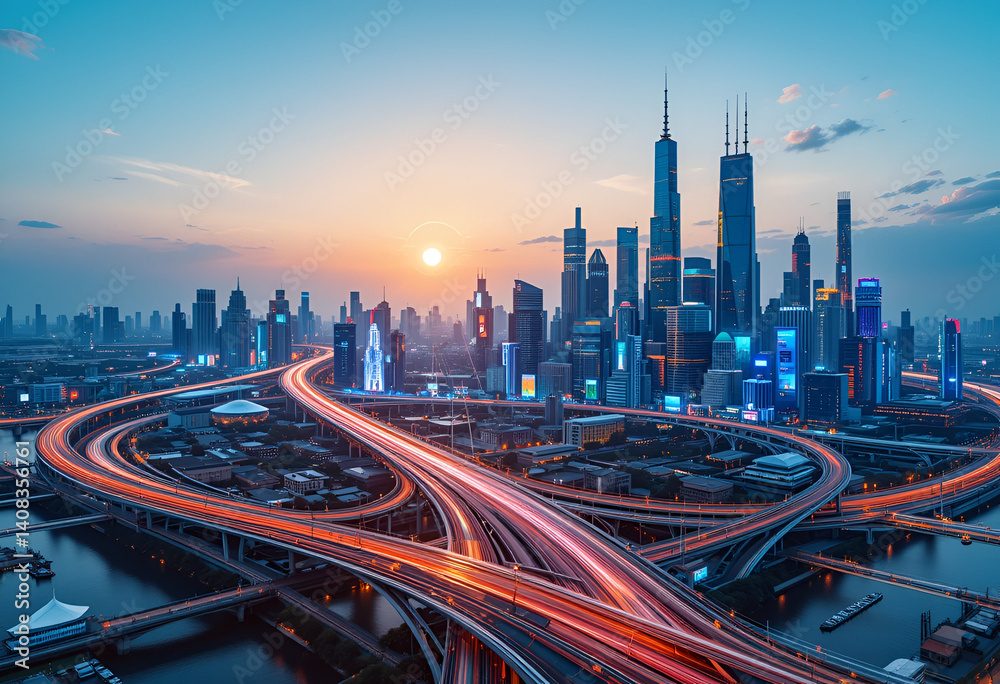 Obraz premium 都市、空撮、風景、景色、未来、展望、進化、進歩、前進、光、道、希望、社会、テクノロジー、発展、開発、成長、俯瞰、ドローン、ハイアングル、パノラマ、地平線、日本、東京、青空、コピースペース、将来、夜明け、日の出、スピード、通信、イノベーション、高速、経済、IoT、DX、技術、ビル群、建設、インフラ、産業、流れる、物流、ロジスティクス、ポジティブ、文明、現代、ネットワーク、インターネット、cg