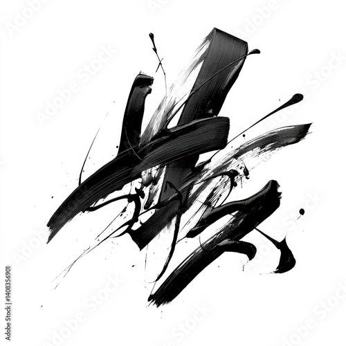 Abstract black ink brush strokes and splatters on white background