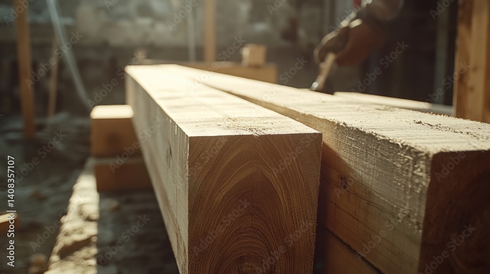 Carpenter assembling wooden beams at a construction site. Featuring craftsmanship and precision Carpenter assembling wooden beams at a construction site. Featuring craftsmanship and precision