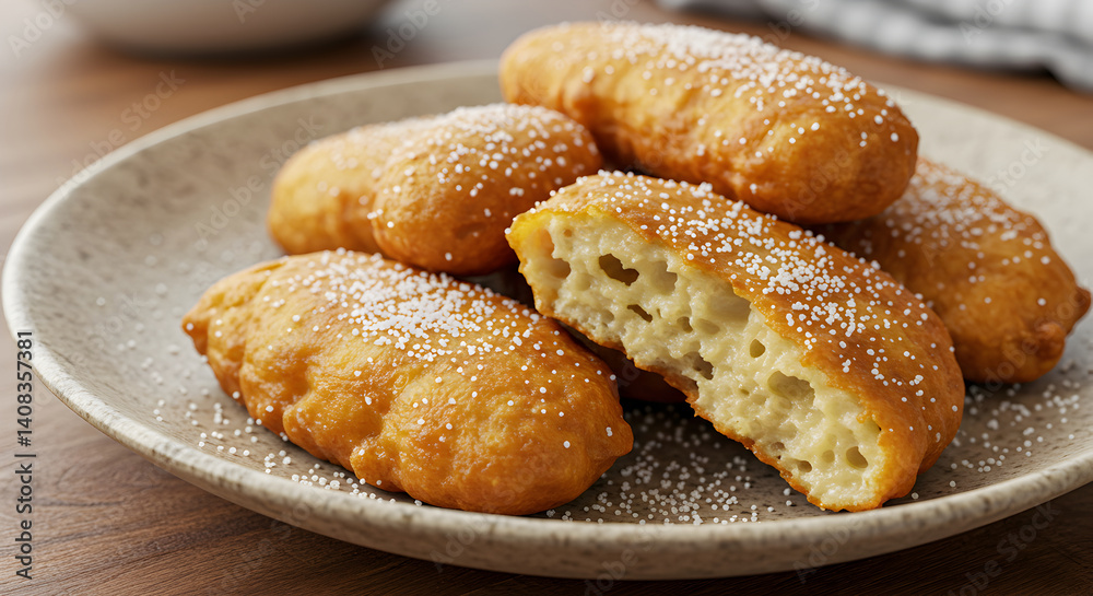 Golden Beignets Sprinkled With Powdered Sugar On A Plate Close Up Golden Beignets Sprinkled With Powdered Sugar On A Plate Close Up