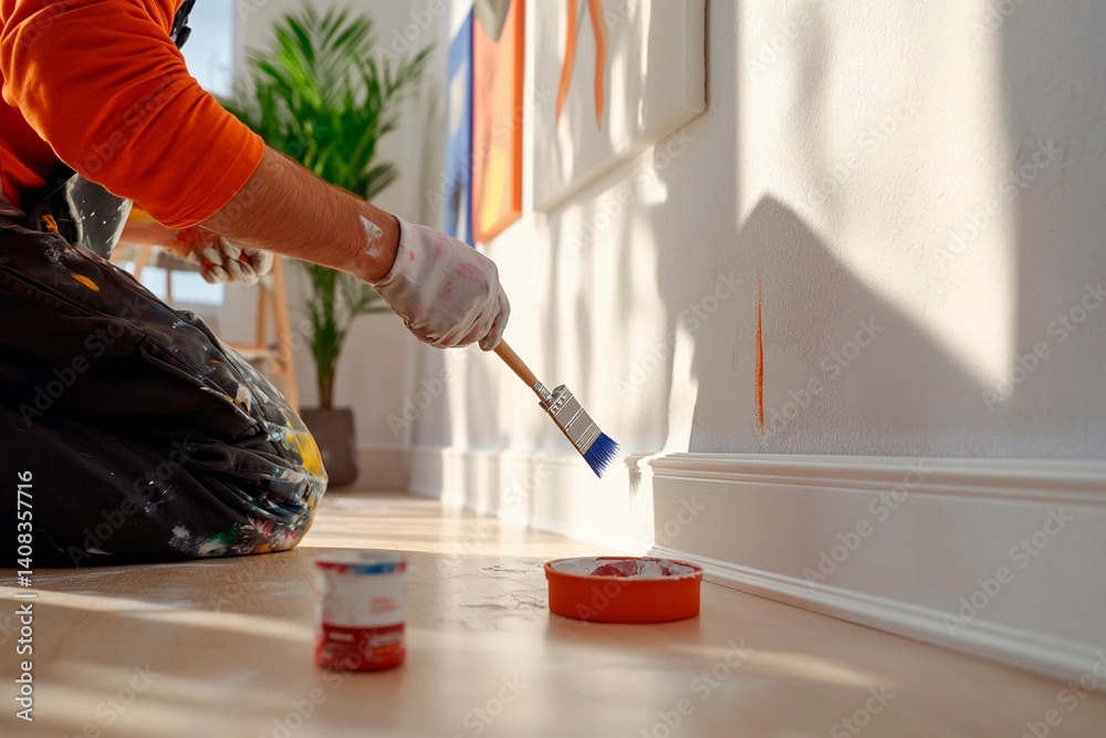 A person is crouched on the floor, painting a wall with a brush. The room is bright and airy, featuring vibrant artwork and greenery, creating an inspiring atmosphere for creativity A person is crouched on the floor, painting a wall with a brush. The room is bright and airy, featuring vibrant artwork and greenery, creating an inspiring atmosphere for creativity