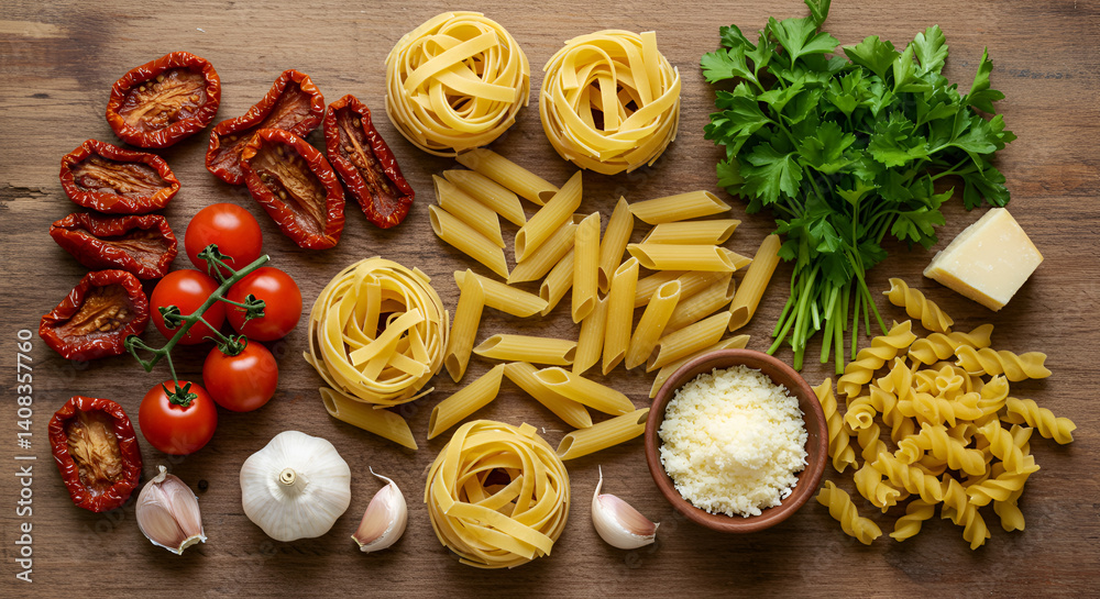 Composition Of Various Uncooked Pasta Forms With Fresh Vegetables And Cheese Composition Of Various Uncooked Pasta Forms With Fresh Vegetables And Cheese