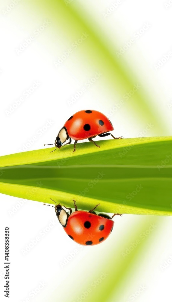A ladybug perched on a green leaf, its reflection mirrored in still water, set against a pure white backdrop, red, leaf A ladybug perched on a green leaf, its reflection mirrored in still water, set against a pure white backdrop, red, leaf