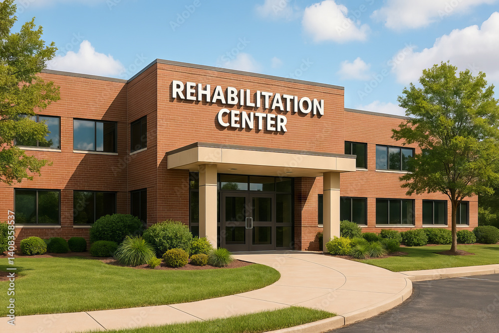 Modern rehabilitation center building on sunny day. concept of healthcare facility, healing environment, recovery services.