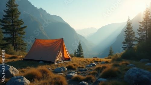 Mountain camping scene with a tent set up in wilderness surrounded by stunning natural views. Perfect for travel photography, outdoor lifestyle themes, and adventure ads.