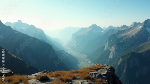 Scenic mountain view from a high vantage point overlooking valleys and rugged peaks. Perfect for travel posters, landscape photography, and outdoor adventure visuals.