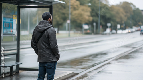 A person waiting at a bus stop in light rain