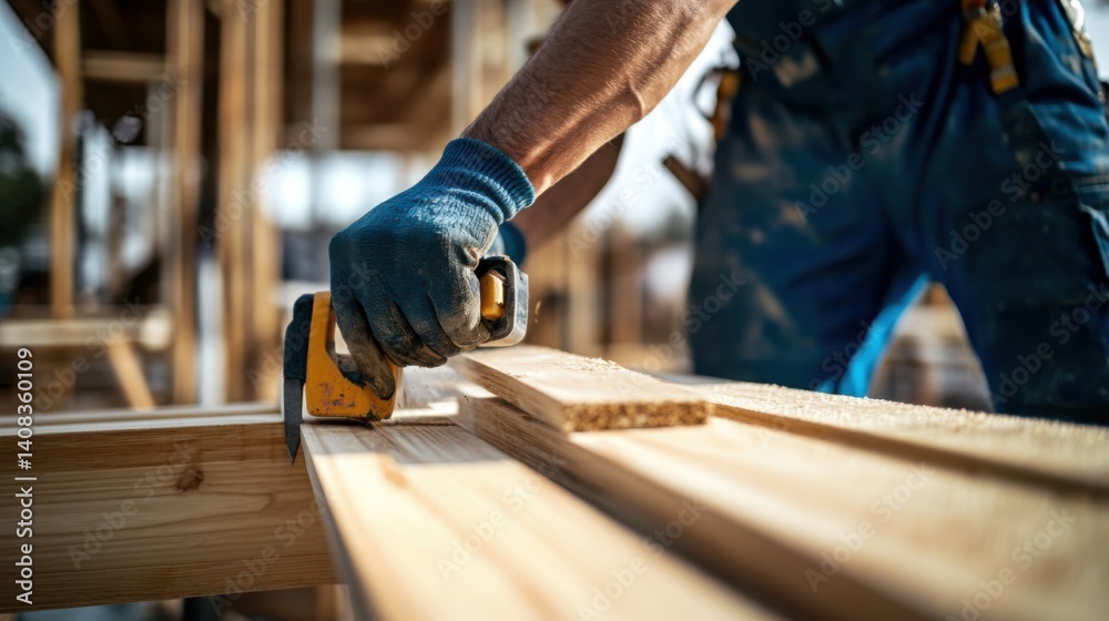 Carpenter cutting wood at a construction site. Featuring precision and skill Carpenter cutting wood at a construction site. Featuring precision and skill