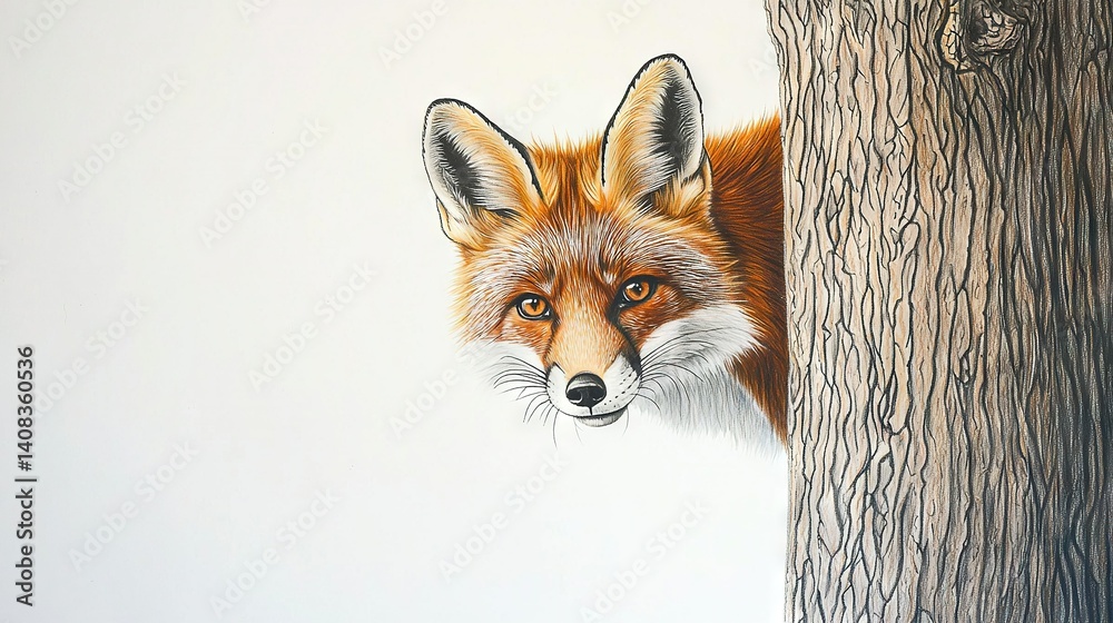 Obraz premium Red fox peeks from tree trunk against white wall backdrop