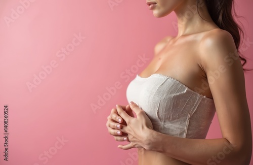 Wallpaper Mural Young woman with bandaged breasts. Marks after plastic surgery, close-up. Beauty, correction, cosmetic surgery, breast augmentation concept. Female after cosmetic procedure. Clinic spa salon. Torontodigital.ca