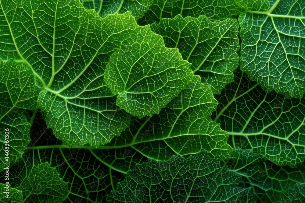 Obraz premium Close-up of vibrant green leaves showcasing intricate vein patterns in a lush, organic arrangement, ideal for backgrounds and natural texture designs.
