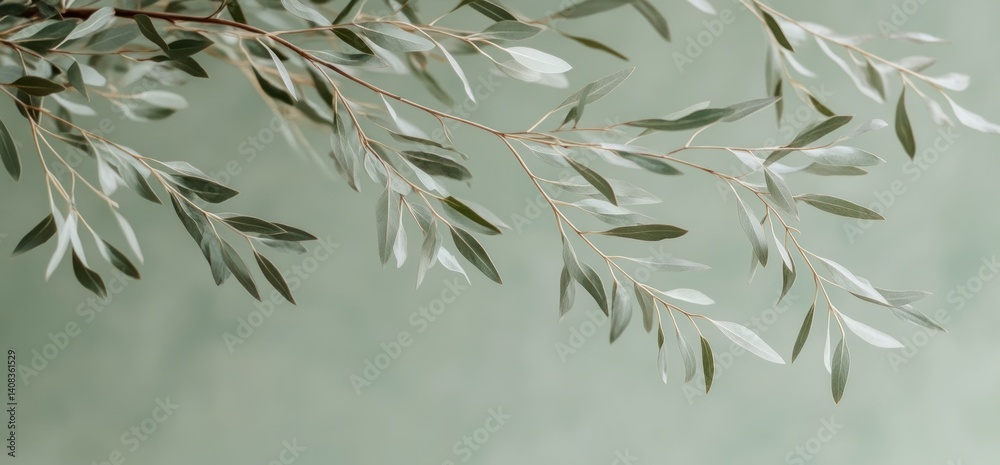 Olive branch on green background, nature serenity. Website banner