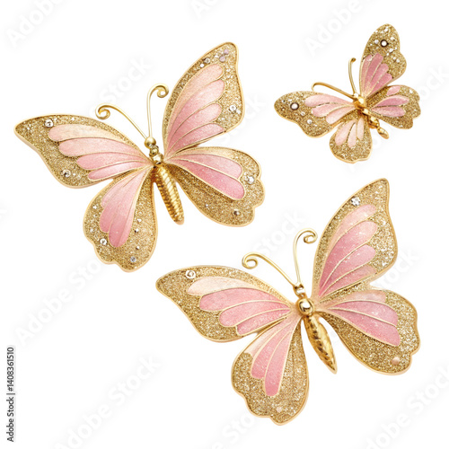 Pink & Gold Butterflies: Clipart Image isolated on transparent background