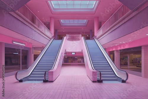 Symmetrical view of empty escalators in a pink and purple lit mall interior. Retro vaporwave aesthetic, liminal space concept. Generative AI