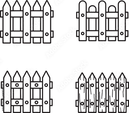 Modern wooden fence Line art set vector illustration  isolated On Transparent Background