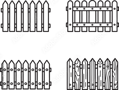 Modern wooden fence Line art set vector illustration  isolated On Transparent Background