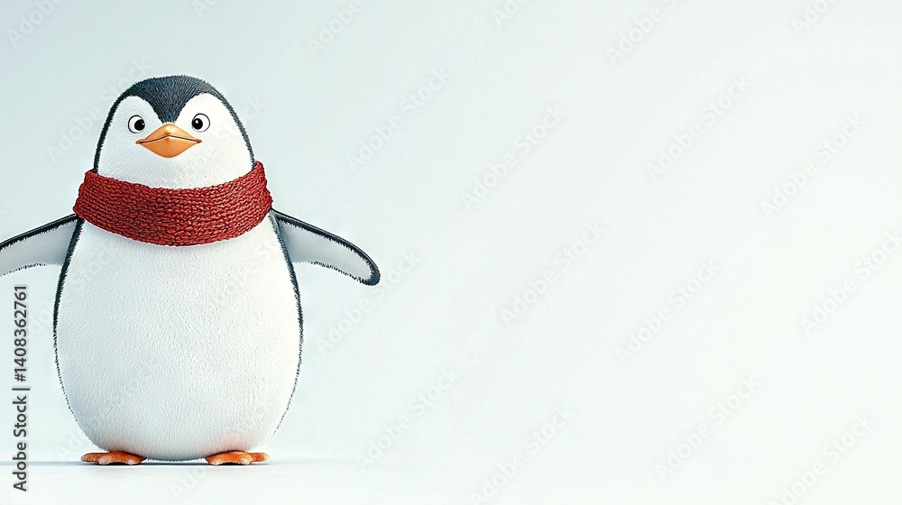 Obraz premium A penguin adorned in a red scarf stands before a white backdrop, gazing directly into the lens