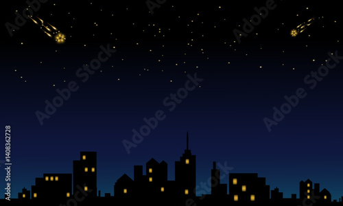 A calm night cityscape under a starry sky with falling stars. Romantic Background is perfect for night-themed designs, posters, bedtime stories or inspirational backgrounds.