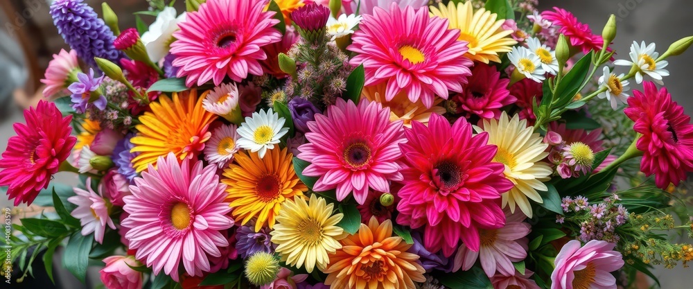 Fototapeta premium Vibrant bouquet of assorted blooms in a lush floral arrangement, blossoms, petals, leaves