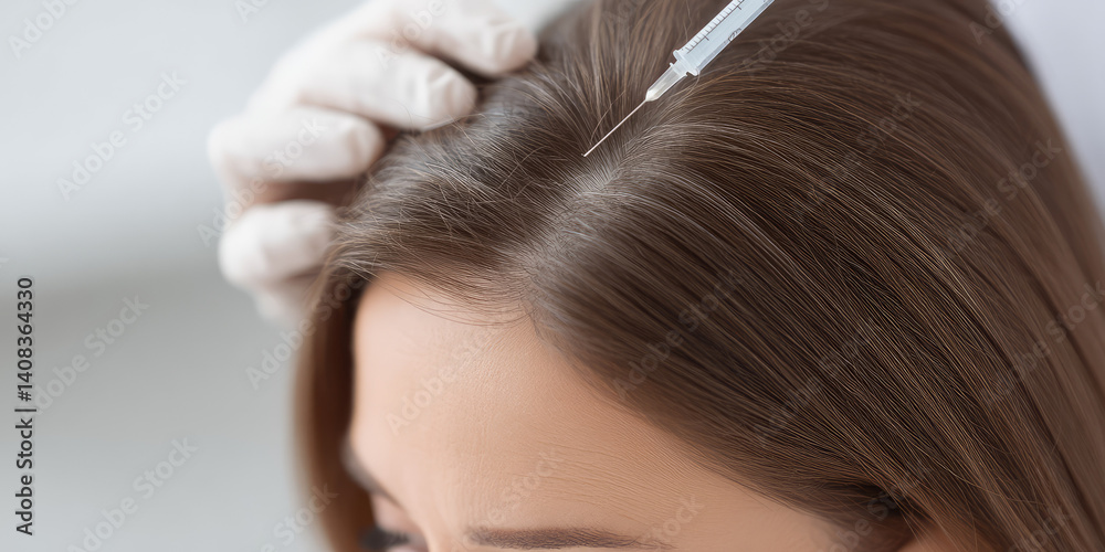 Fototapeta premium A cosmetologist injects a syringe into a woman's scalp with hair. Hair mesotherapy injections from professional trichologist. 