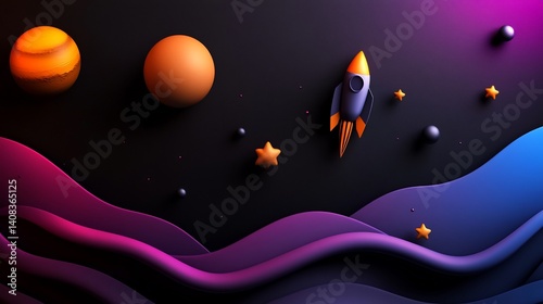 Cosmic Rocket Adventure: A 3D Render of a Rocket Soaring Through a Vibrant, Stylized Galaxy