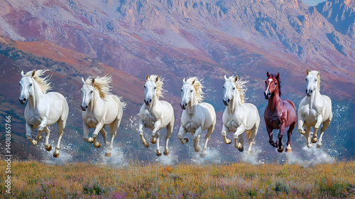 Seven White Horses Galloping Across Grassy Field with Brown Horse in Middle Against Mountainous Background