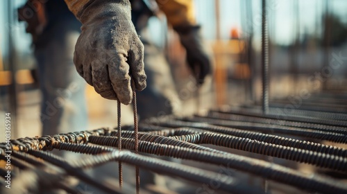 A construction worker securing rebar at a building foundation. Featuring structural integrity and steelwork