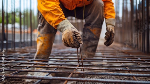 A construction worker securing rebar at a building foundation. Featuring structural integrity and steelwork